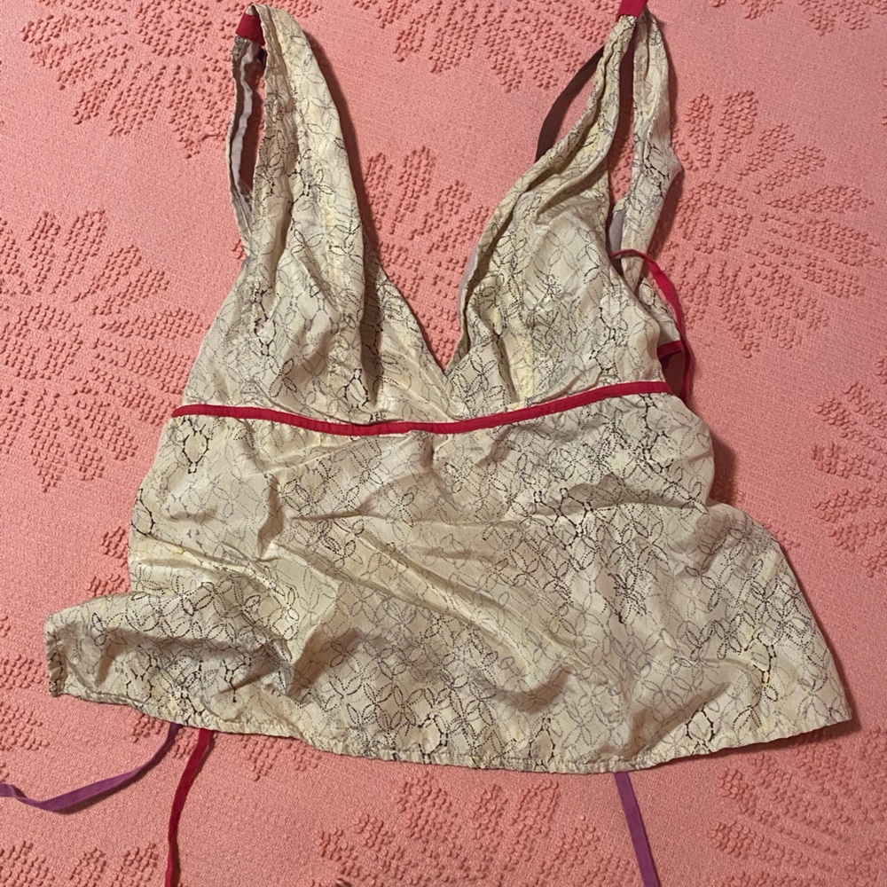 Beautiful detailed silk top with purple, red and brown straps